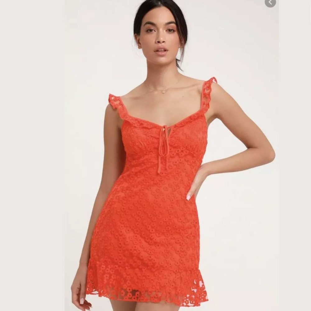 Lulu’s Charmaine Red Orange Embroidered Mini Dress